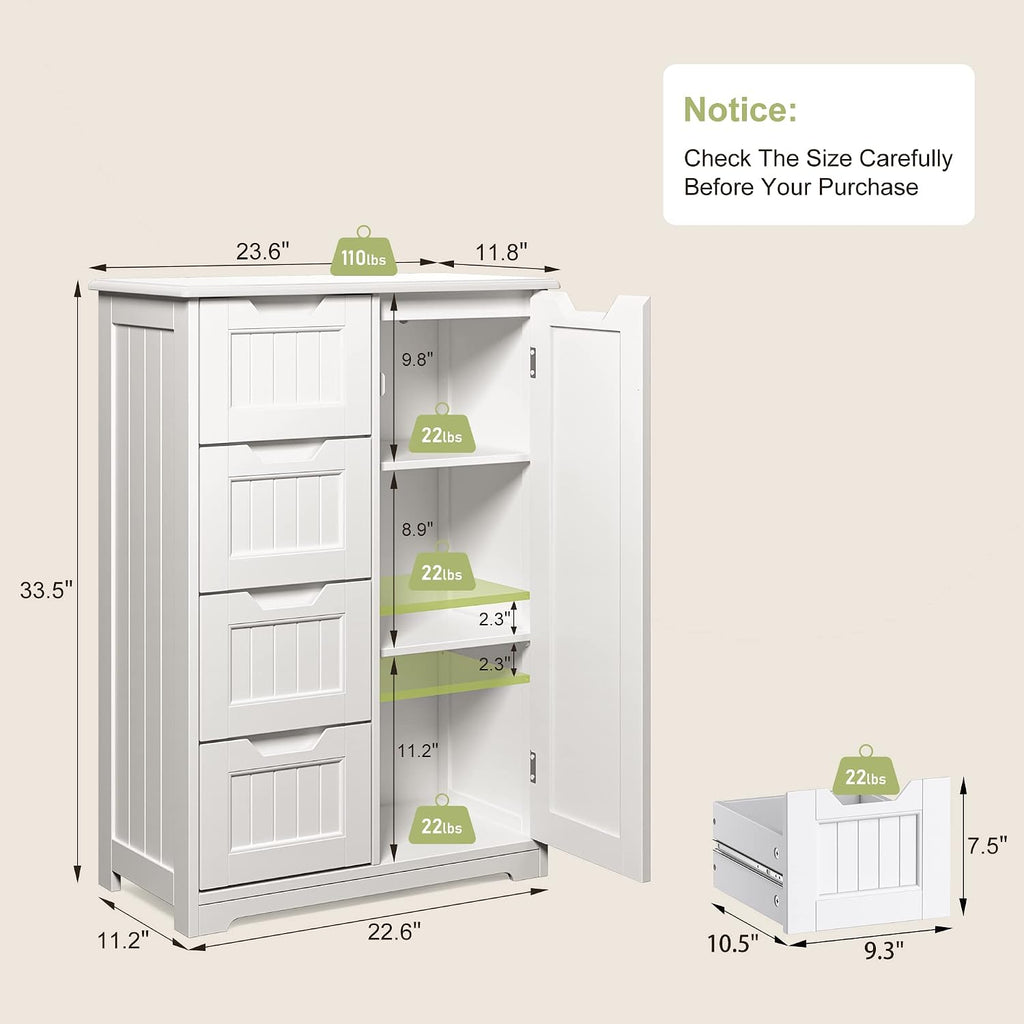 Gizoon Small Kitchen Coffee Bar Cabinet With Door And Shelves, Kitchen Sideboard Buffet Cabinet With 4 Drawers Small Pantry For Kitchen And Living Room, White, Painted