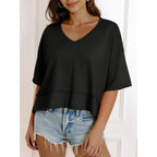 Cicy Bell Womens Oversized Crop T-Shirts Summer V Neck Short Sleeve Tops Casual Loose Fit Curved Hem Boxy Tee Shirt