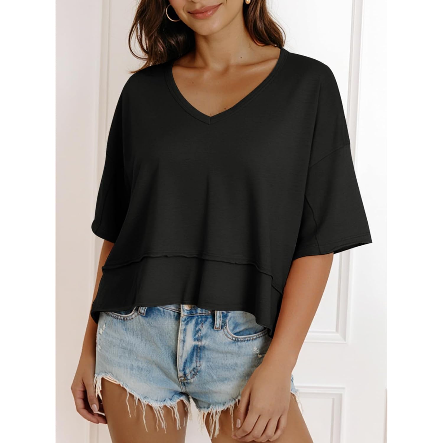 Cicy Bell Womens Oversized Crop T-Shirts Summer V Neck Short Sleeve Tops Casual Loose Fit Curved Hem Boxy Tee Shirt