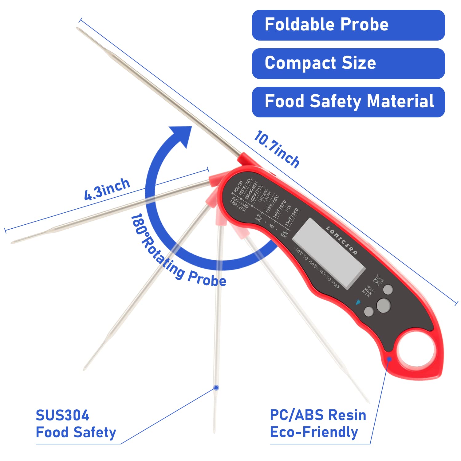 Lonicera Digital Meat Thermometer, Instant Read, Foldable Probe, Red | Ip66 Waterproof Design, Backlit Display, Calibration Function, For Meat, Baking And Grilling