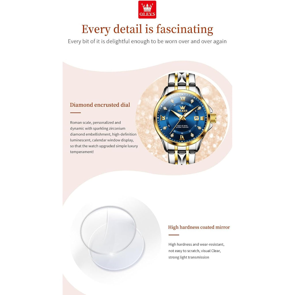 OLEVS Watch Women Two Tone Watches for Women with Date Dress Womens Watches for Medium Wrists Luxury Easy Read Womens Watch Waterproof Blue/Black/Gold/Silver Dial Reloj para Mujer Ideal Gift for Her