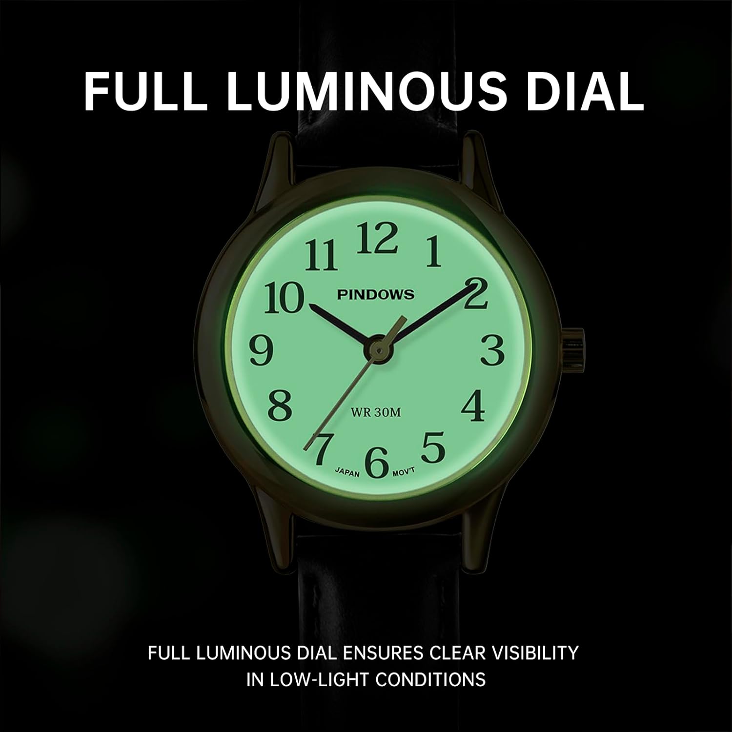 PINDOWS Minimalist Watches for Women, Gold-Tone Case with Black Leather Strap, Fashionable, Everyday Elegant Quartz Analog Dress Watch