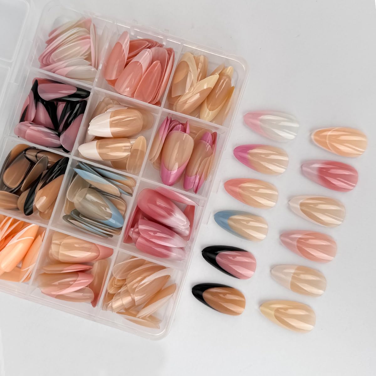 French Gel Nails - Colorful French Tip Press on Nails, Almond Press on Nails, Glossy Skin Tones Medium False Nails 288pcs -12 Sizes Artificial Fake Nails Stick on Nail for Women Manicure