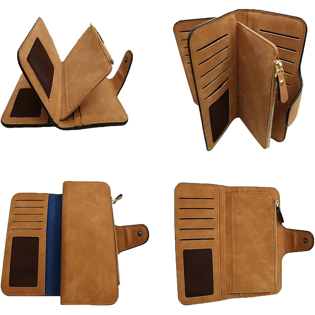 Womens Long Leather Wallet, RFID Blocking Leather Pocket Wallet Ladies Mini Purse with ID Window
