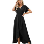 Long Black Formal Dresses For Women Gowns Evening Party Cocktail Dress,Split Elegant V Neck Wrap Ruffle Wedding Guest Dresses