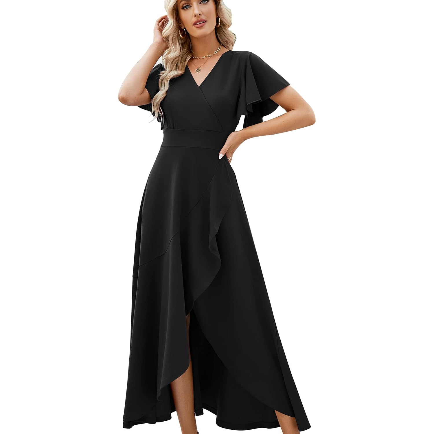 Long Black Formal Dresses For Women Gowns Evening Party Cocktail Dress,Split Elegant V Neck Wrap Ruffle Wedding Guest Dresses