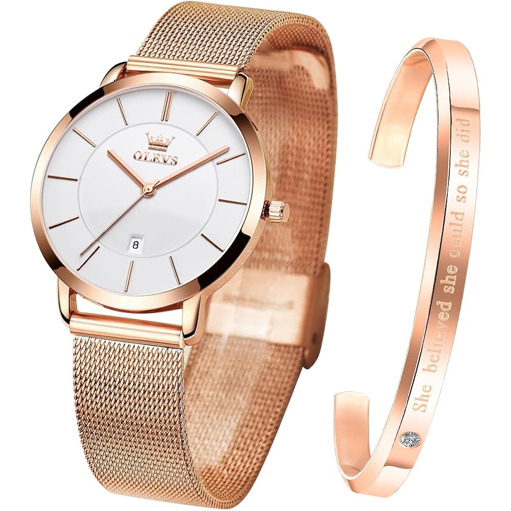 OLEVS Womens Watch Gifts Set with Bracelet Rose Gold for Lady Female Minimalist Simple Slim Thin Casual Dress Analog Quartz Wrist Watches Waterproof Two Tone