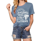 Cute Graphic Tees for Women Sunshine Mixed with A Little Hurricane Funny Saying Letter Print T Shirt Blue