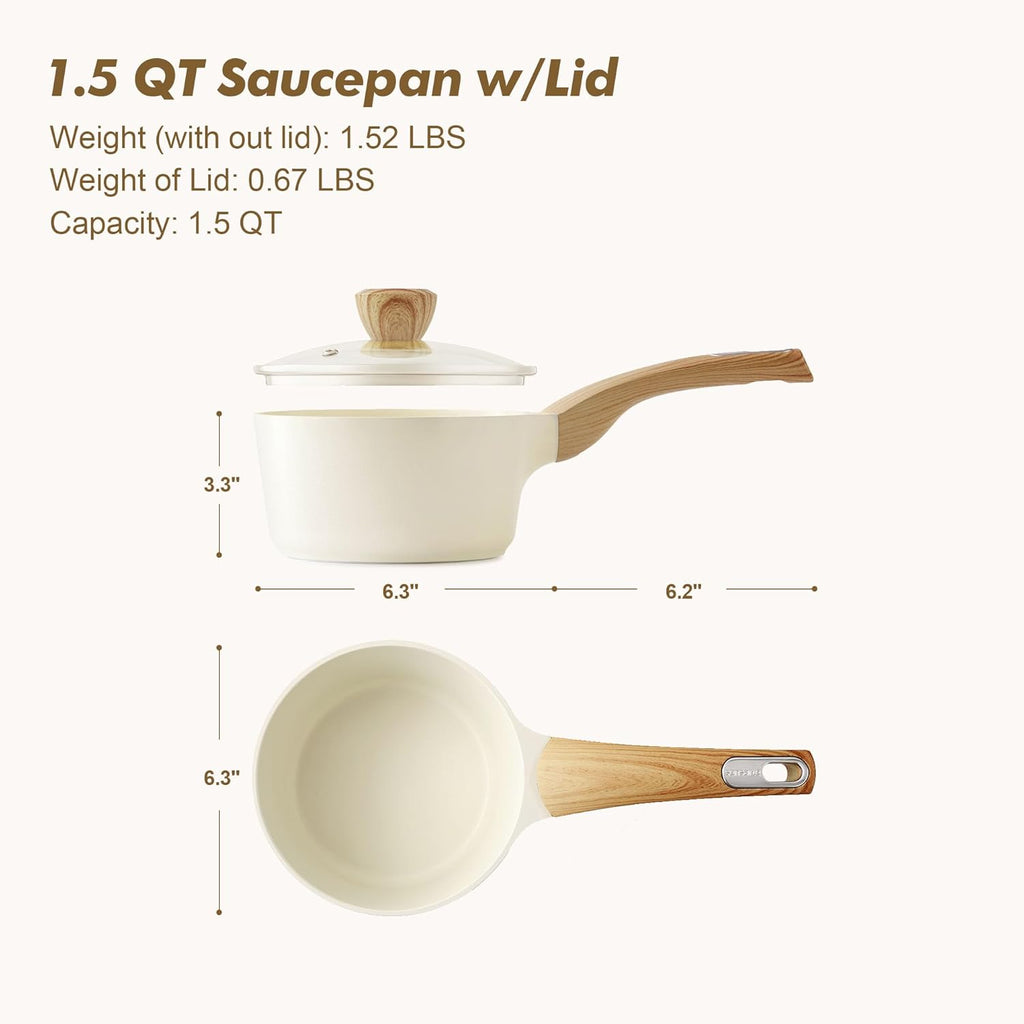 SENSARTE Ceramic Nonstick Sauce Pan with Lid, 1.5 Quart Small Saucepan, White Cooking Pot with Stay Cool Handle, Non toxic Kitchen Sauce Pot, Non stick Saucier Pan, Induction Pot, PFOA PTFE PFAS Free