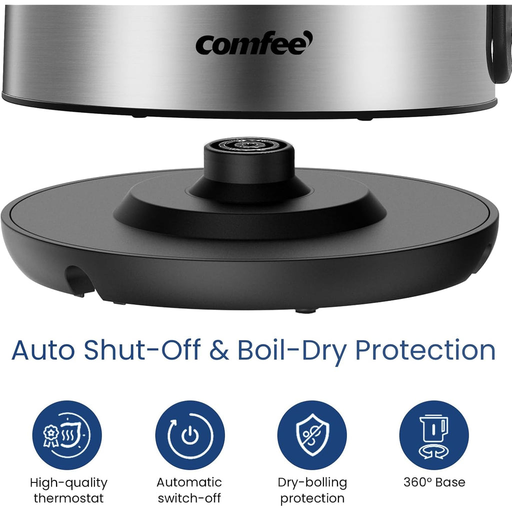 COMFEE' Stainless Steel Electric Kettle, 1.7 Liter Tea Kettle Electric & Hot Water Kettle, 1500W Fast Boil with LED Light, Auto Shut-Off and Boil-Dry Protection
