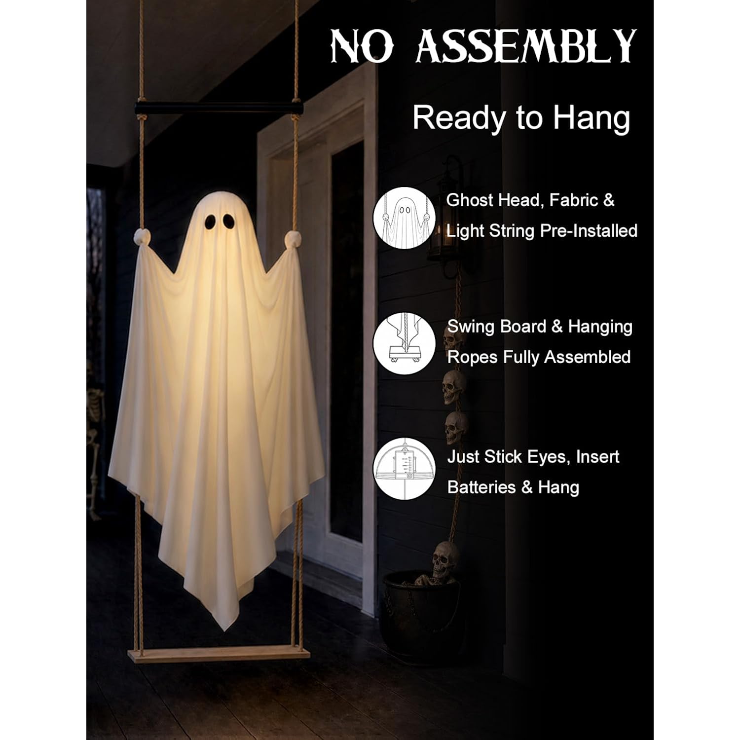 Halloween Decorations Outdoor 3.7Ft Pre-Assembled Hanging Swing Ghost With Remote Lights Spooky Hanging Ghosts For Porch Yard Tree Party