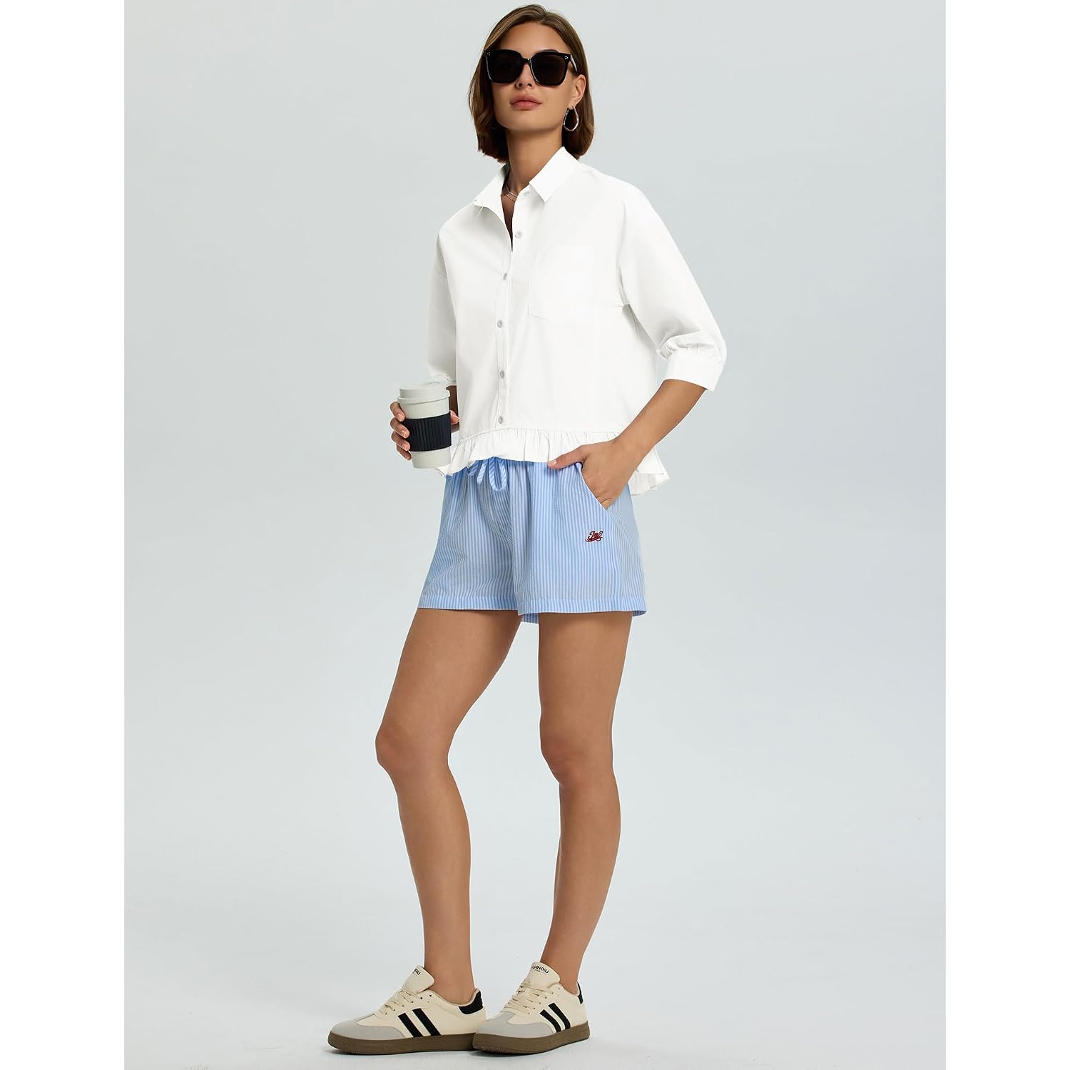 Lomon Womens 3/4 Sleeve Button Down Tops Dressy Casual Collared Shirts Blouses Ruffle Babydoll Tops Loose Fit