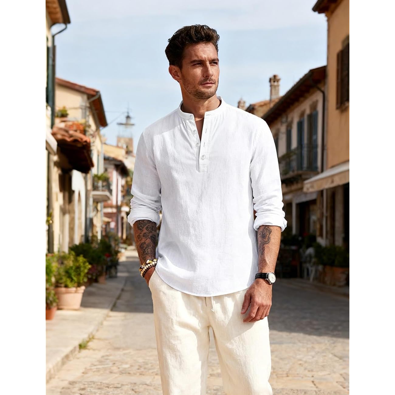 Men'S Linen Shirts Henley T-Shirts Long Sleeve Casual Beach T-Shirts Solid Tops Shirts For Men