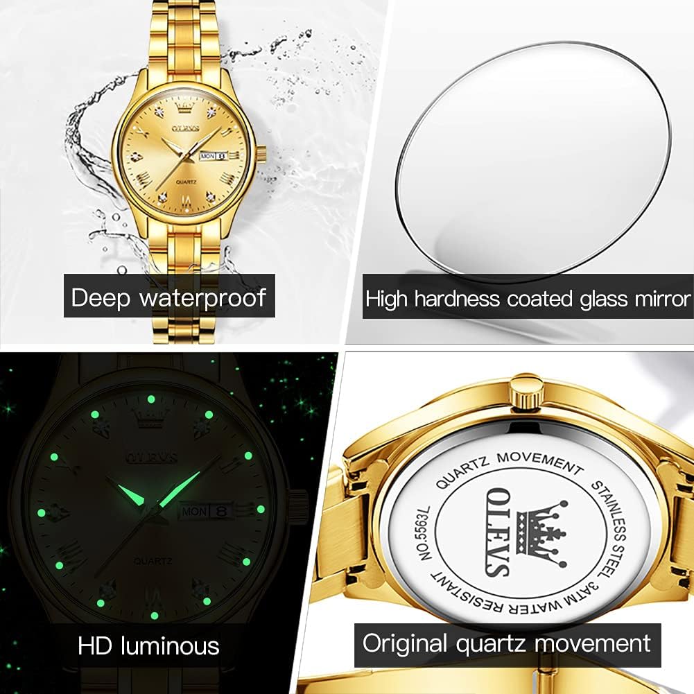 Olevs Gold Watch For Women With Date Day Stainless Steel Waterproof Small Face Quartz Analog Ladies Watches Fashion Gold Black White Dial Female Wristwatch