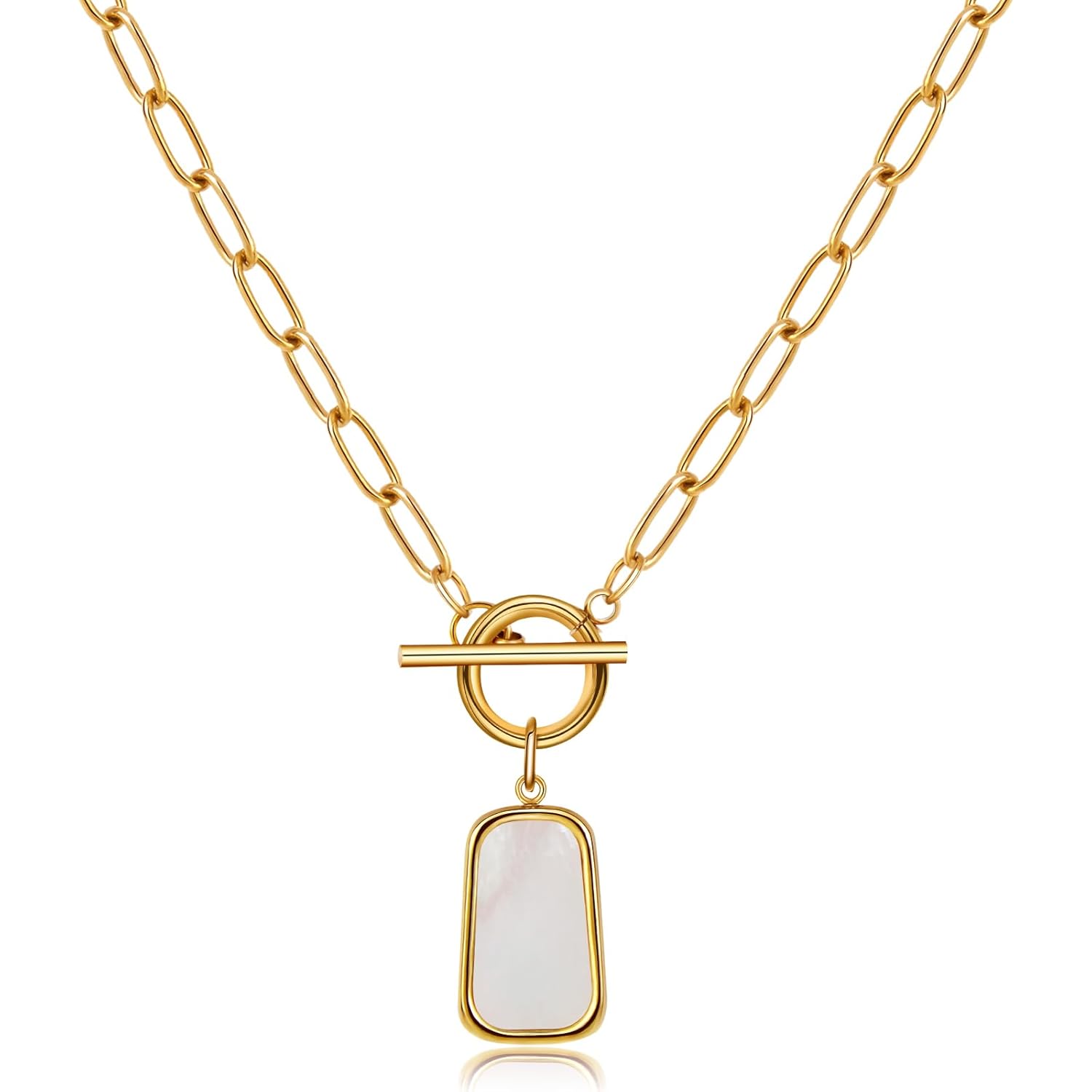 Natural White Sea Shell OT Clasp Long Plate Pendant Necklace For Women Trendy Elegant in Color and Luster Titanium Steel Electroplated with 18K Gold Necklace