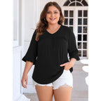 Womens Plus Size Tops 3/4 Sleeve Casual Shirts V Neck Ruffle Loose Fit Tunic Blouse Xl-5X