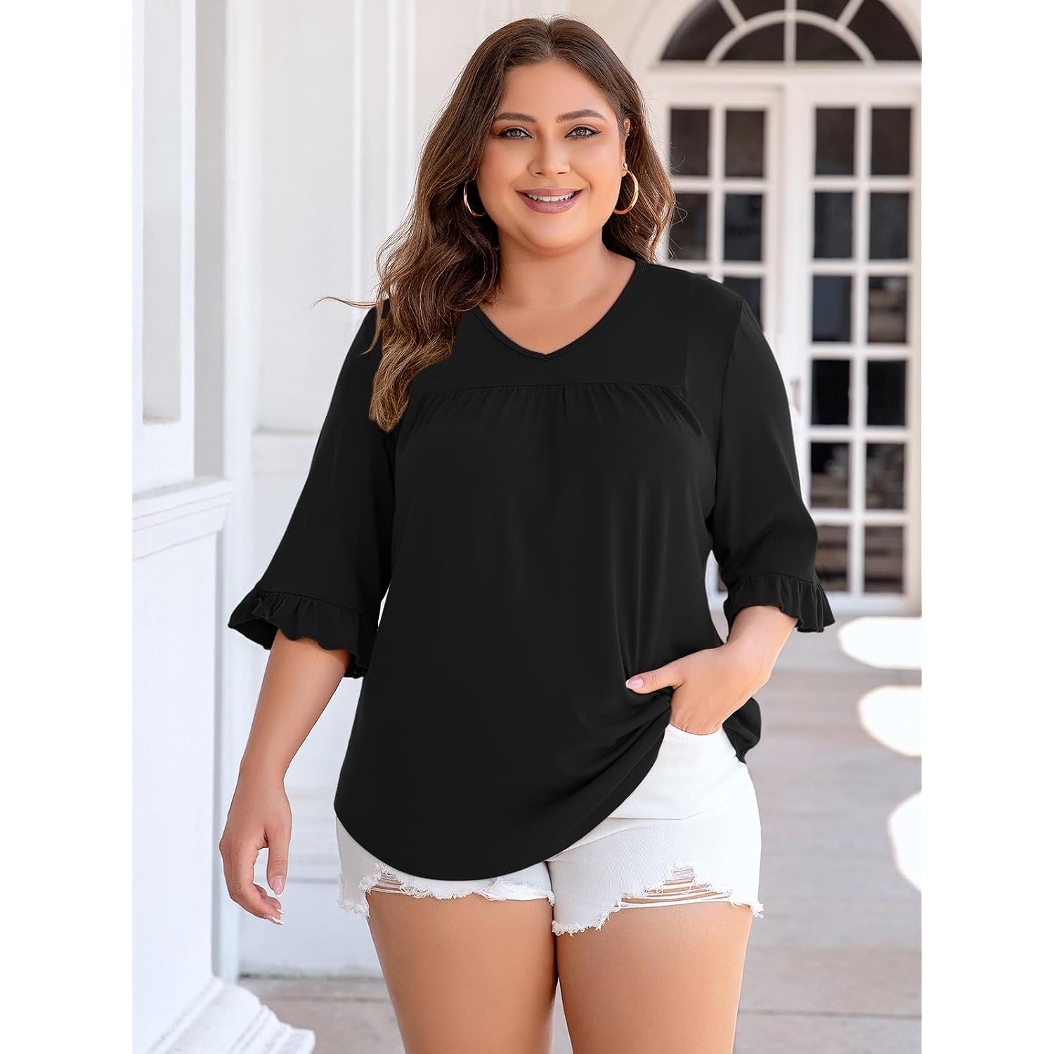 Womens Plus Size Tops 3/4 Sleeve Casual Shirts V Neck Ruffle Loose Fit Tunic Blouse Xl-5X