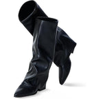 Knee High Boots Women, Fold Over Shark Boots Pointed Toe Block Heels Wide Calf，Minimalist Street Style Faux Leather Boots For Fall & Winter