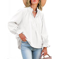 Womens Puff Long Sleeve Button Down Shirts Pleated V Neck Cotton Blouses Loose Fit Casual Ruffle Tops