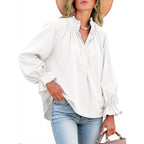 Womens Puff Long Sleeve Button Down Shirts Pleated V Neck Cotton Blouses Loose Fit Casual Ruffle Tops