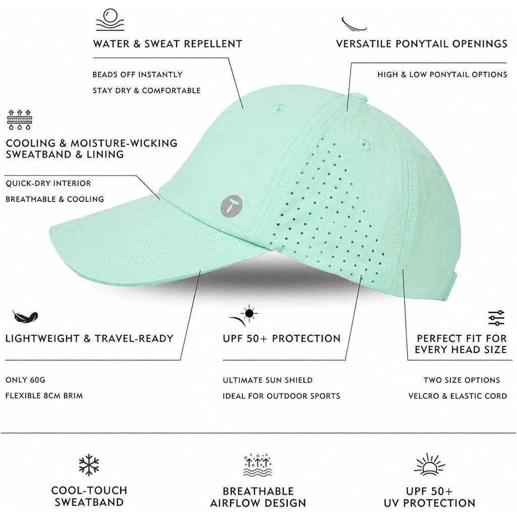 TOP-EX Cooling High Ponytail Everyday Sports Hat for Women, Breathable Comfort Fit for Running Golf Walking, UPF 50+ Foldable Green