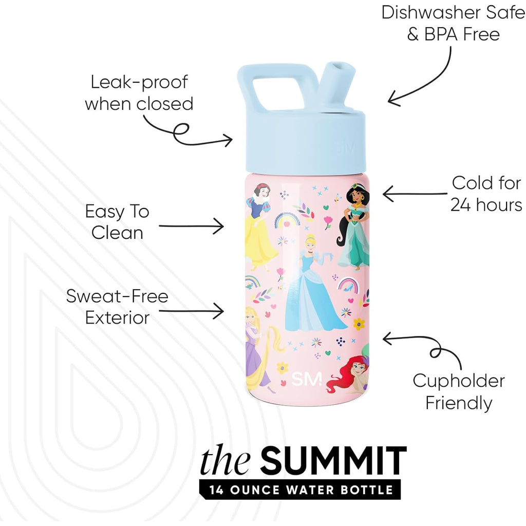 Simple Modern Disney Princess Kids Water Bottle With Straw Lid | 14Oz Insulated Stainless Steel Kids Tumbler & Spill Proof Toddler Cup For School, Girls, Boys | Summit | Princess Rainbows