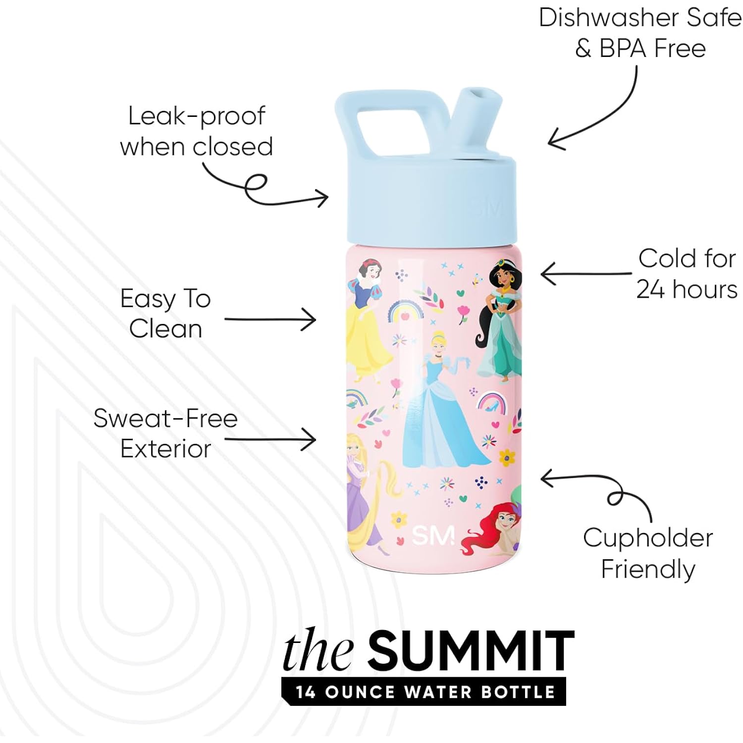Simple Modern Disney Princess Kids Water Bottle With Straw Lid | 14Oz Insulated Stainless Steel Kids Tumbler & Spill Proof Toddler Cup For School, Girls, Boys | Summit | Princess Rainbows