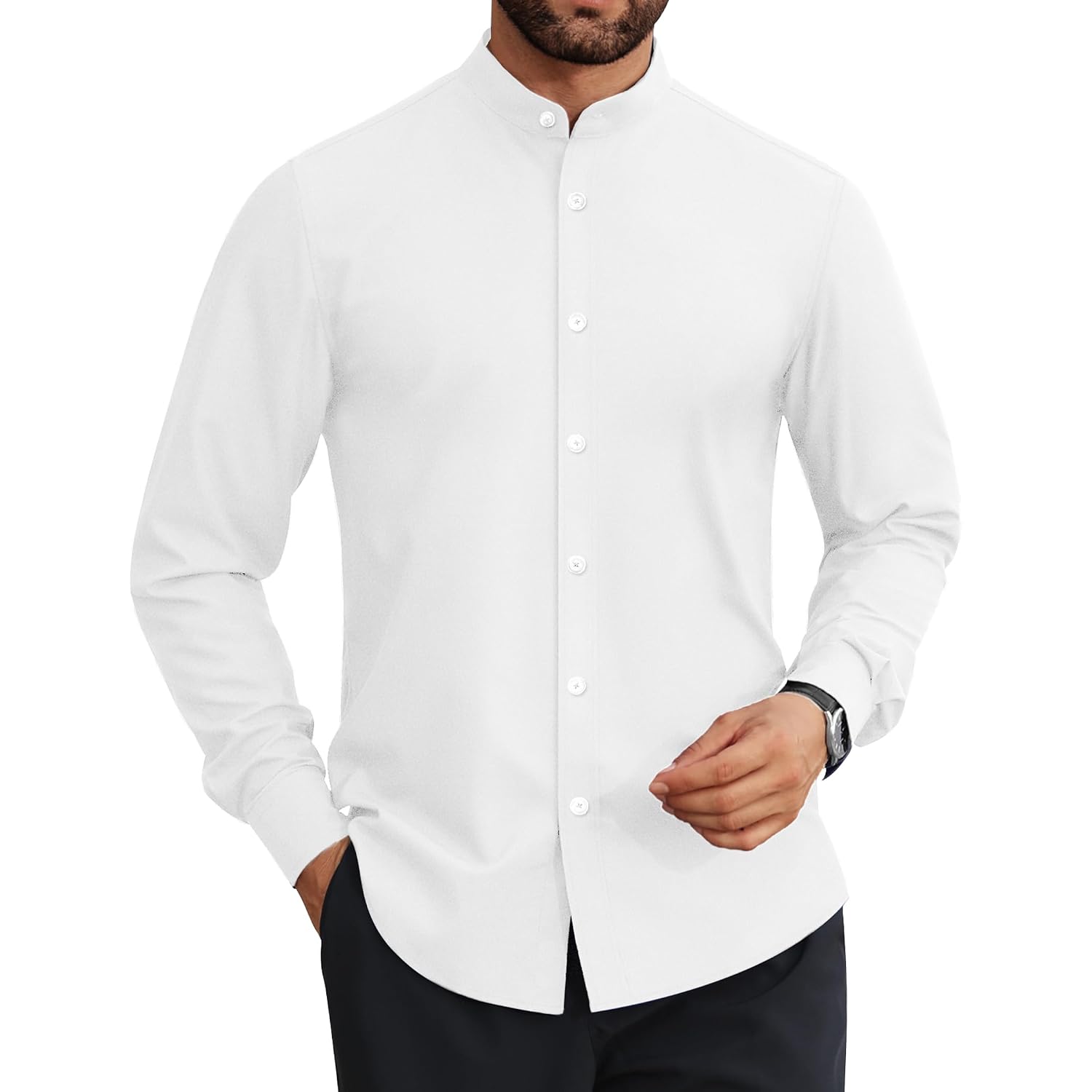 Mens Dress Shirts Wrinkle Free Dress Shirts For Men Long Sleeve Button Down Shirts Banded Collar Shirts