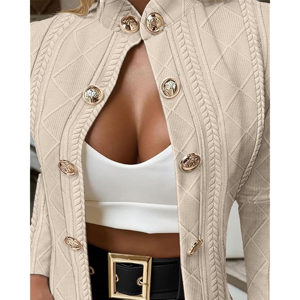 Chicme Women Argyle Cable Cardigan Casual Lightweight Cropped Coat Stand Collar Long Sleeve Metal Button Front Spring Jackets