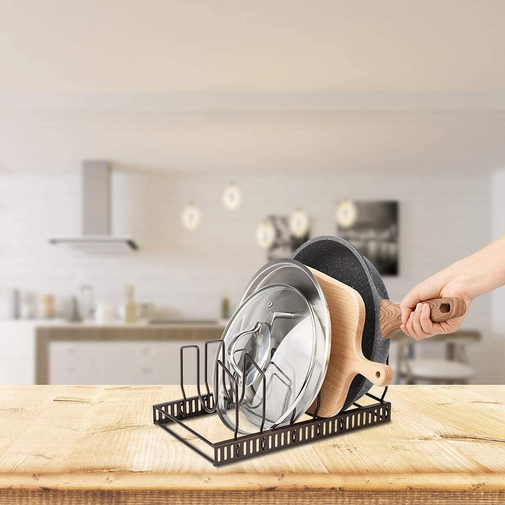 Toplife Pot Lids Organizer Rack For Cabinet And Countertop, 7+ Pan Lids And Bakeware Organizer Rack Holder With 7 Adjustable Compartments - Brown