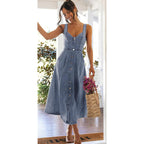 Ebossy Stretchy Smocked Denim Dress For Women Sleeveless Babydoll Button Down Midi Long Jean Dresses