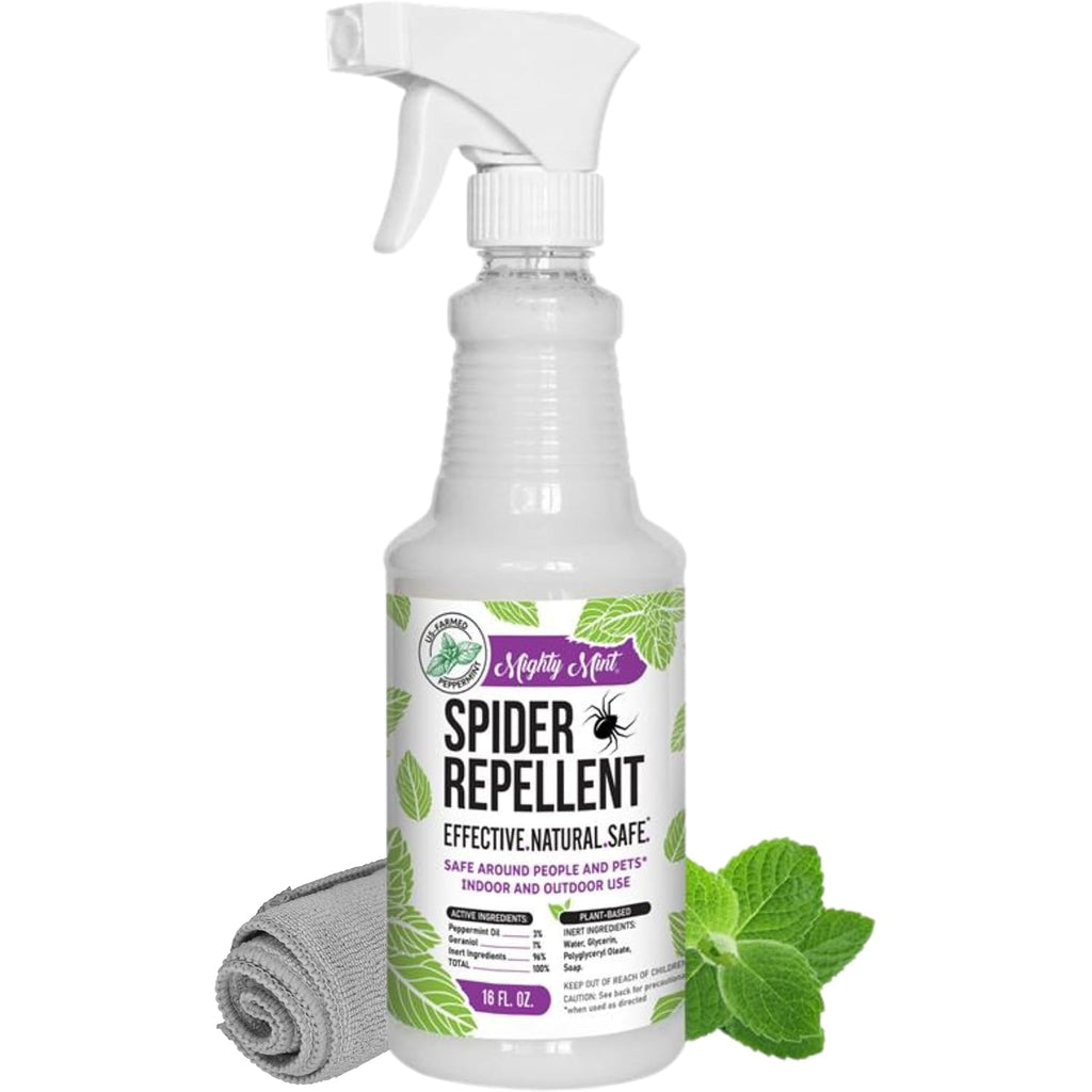 Mighty Mint Peppermint Oil Spider Repellent Spray With Microfiber Cloth – Indoor & Outdoor Bug Control For Spiders And Insects – Plant-Based, Extra-Strong Formula - 16 Oz