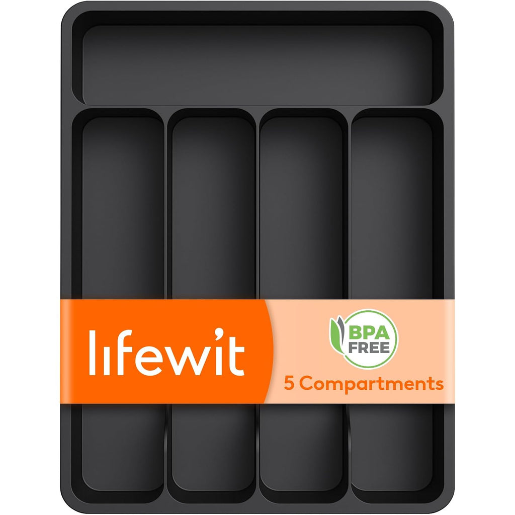 Lifewit Silverware Drawer Organizer Tray, Plastic Cutlery Storage For Kitchen, Flatware And Utensil Holder Divider For Spoons Forks Knives Tableware, 9.1 X 12.6", 5 Slots, Black