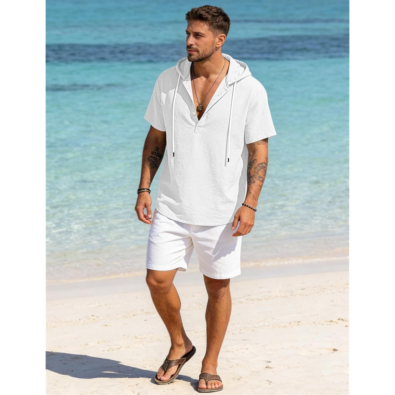 Men'S Cotton Linen Shirts Short Sleeve Casual Button Down Hoodies Summer Hawaiian Beach Top With Drawstring