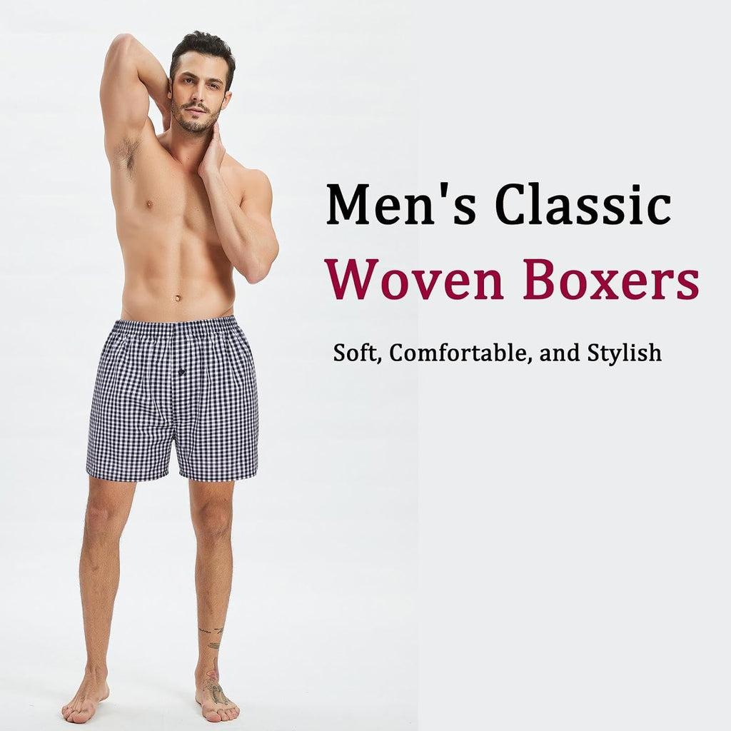 Mens Cotton Boxers Funny Woven Pattern Plaid Boxer Shorts Inseam Pajamas Single Pack