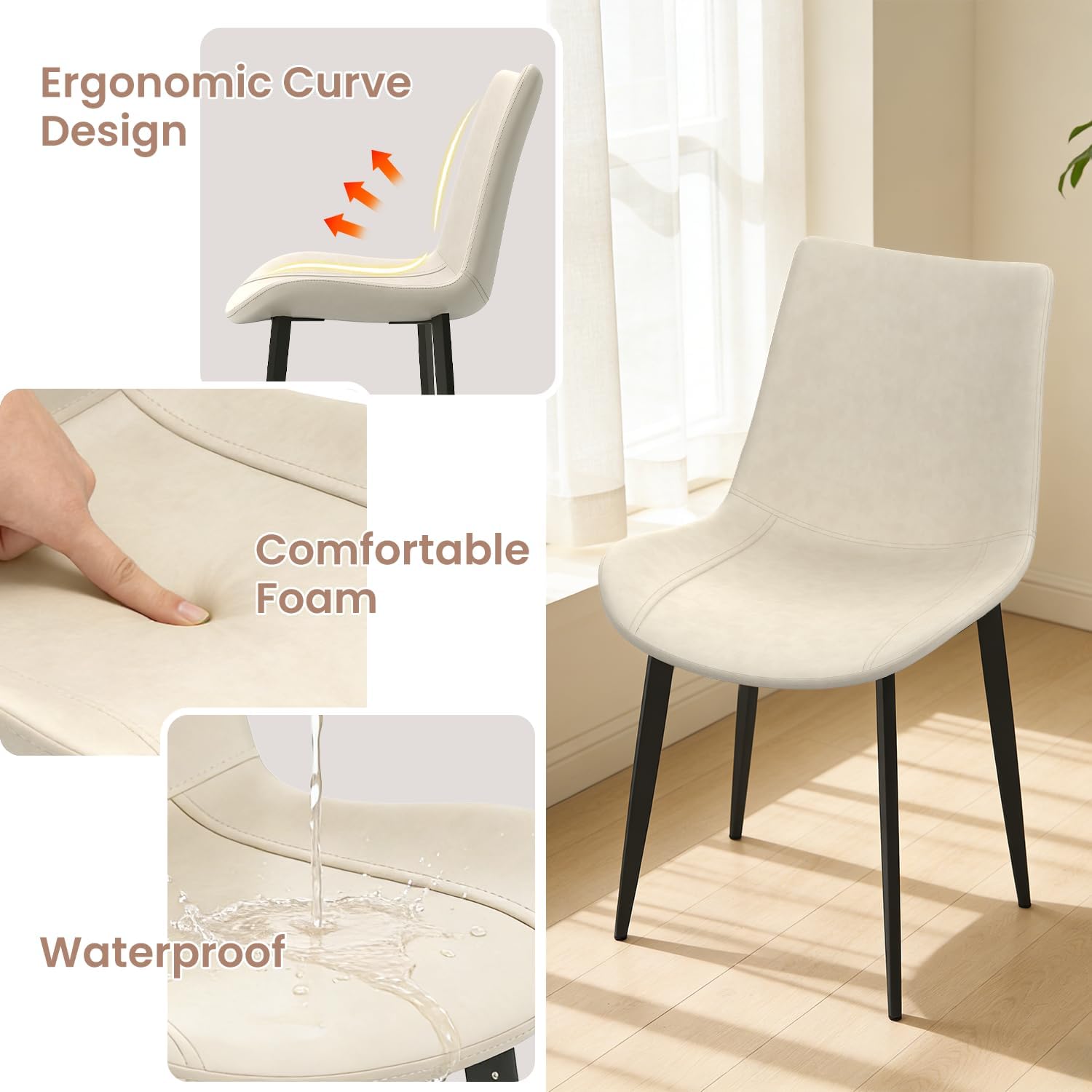 34.6" Round Dining Table Set For 4, Modern Kitchen Coffee Table Set With 4 Upholstered Leather Chairs, Mdf Small Space Saving Dining Room Table And Chairs Set (White Table+4 Beige Chairs)