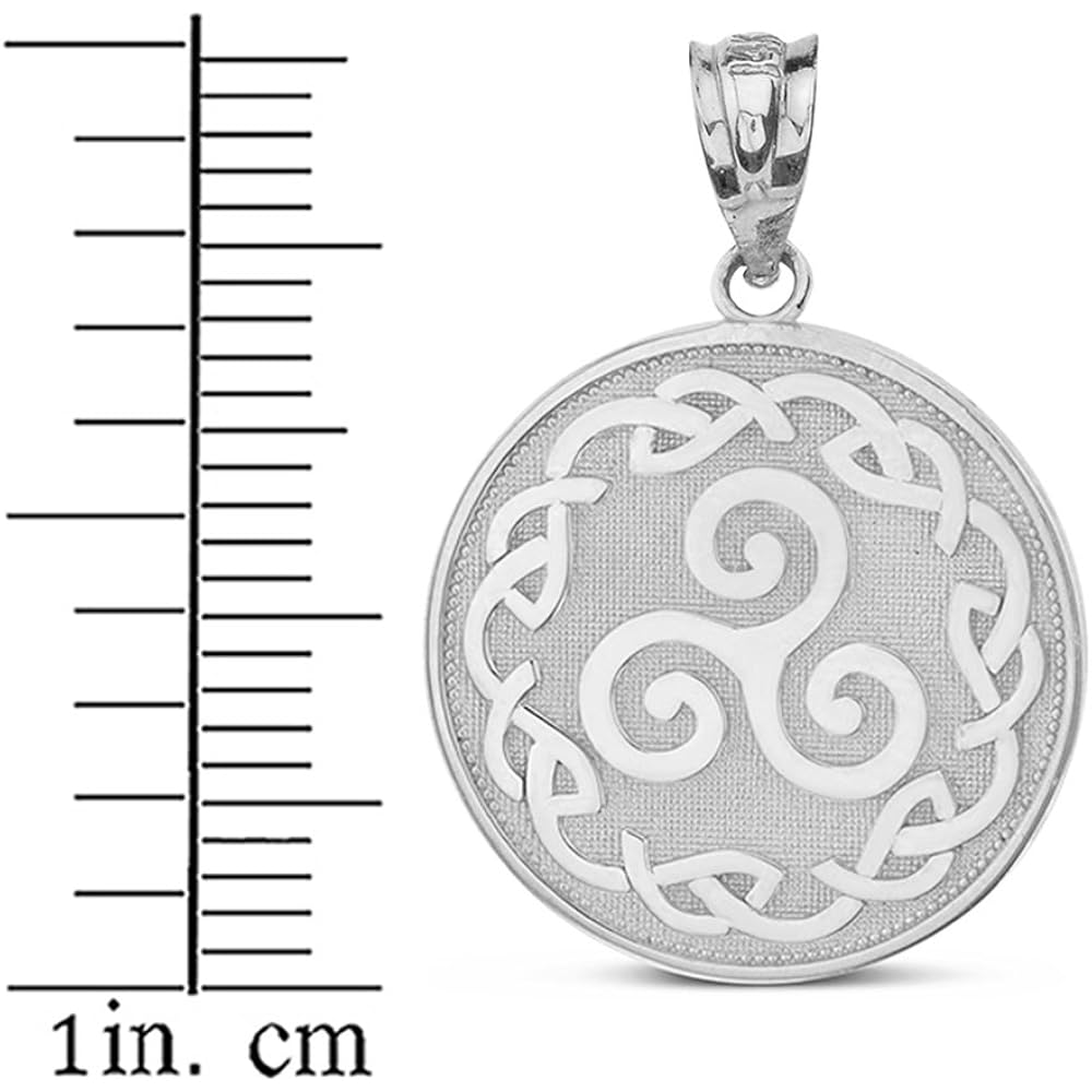 Solid 10k White Gold Triskele Triskelion Triple Spiral Celtic Knot Disc Pendant Necklace