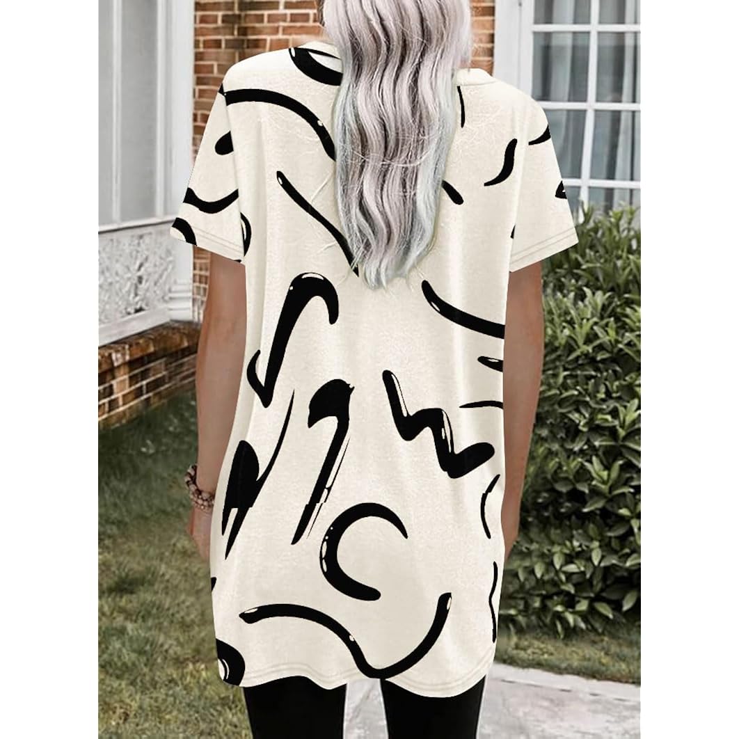 Summer Womens Tunic Tops for Leggings with Pockets Button V Neck Short Sleeve Casual Long T Shirts S-3XL