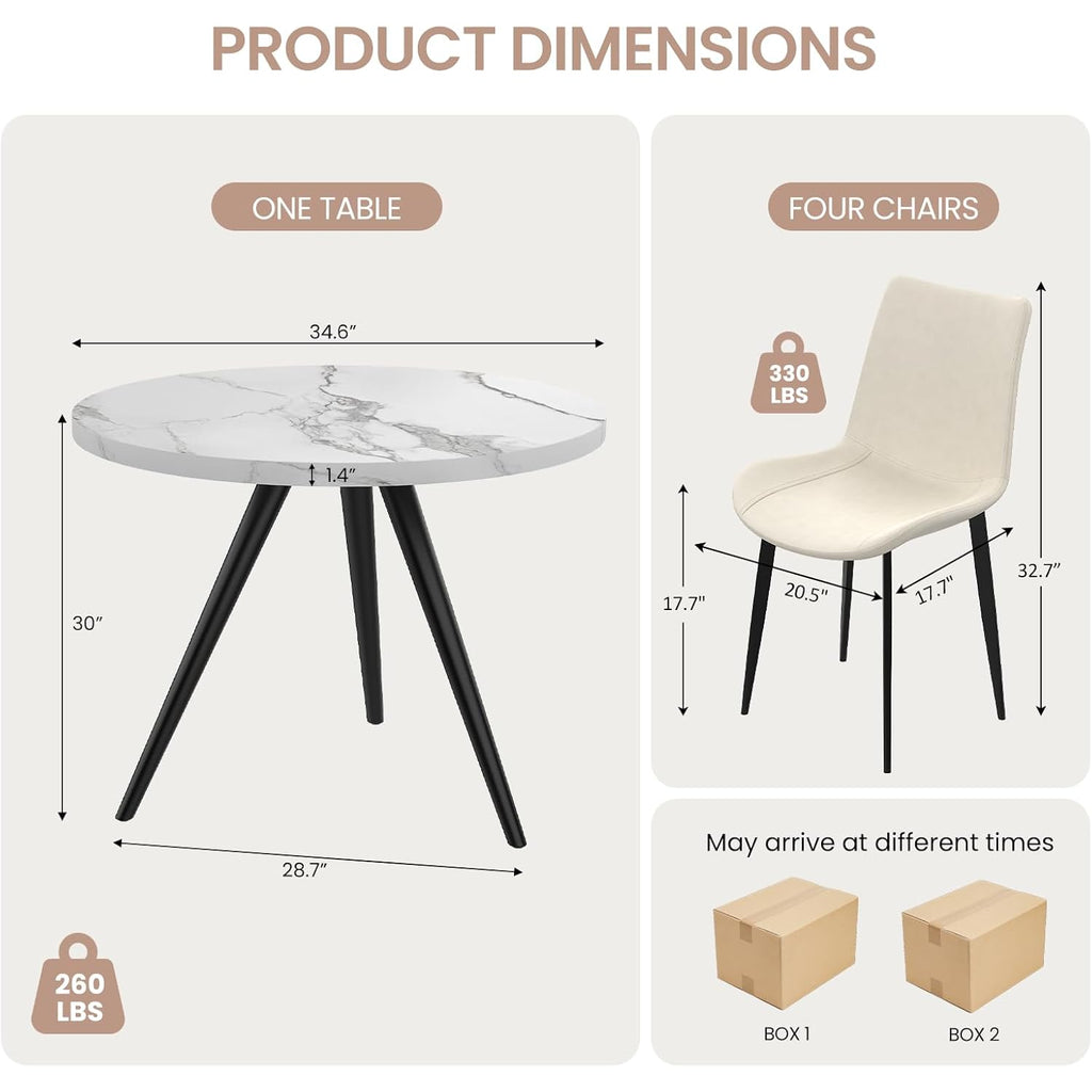 34.6" Round Dining Table Set For 4, Modern Kitchen Coffee Table Set With 4 Upholstered Leather Chairs, Mdf Small Space Saving Dining Room Table And Chairs Set (White Table+4 Beige Chairs)