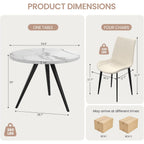 34.6" Round Dining Table Set For 4, Modern Kitchen Coffee Table Set With 4 Upholstered Leather Chairs, Mdf Small Space Saving Dining Room Table And Chairs Set (White Table+4 Beige Chairs)