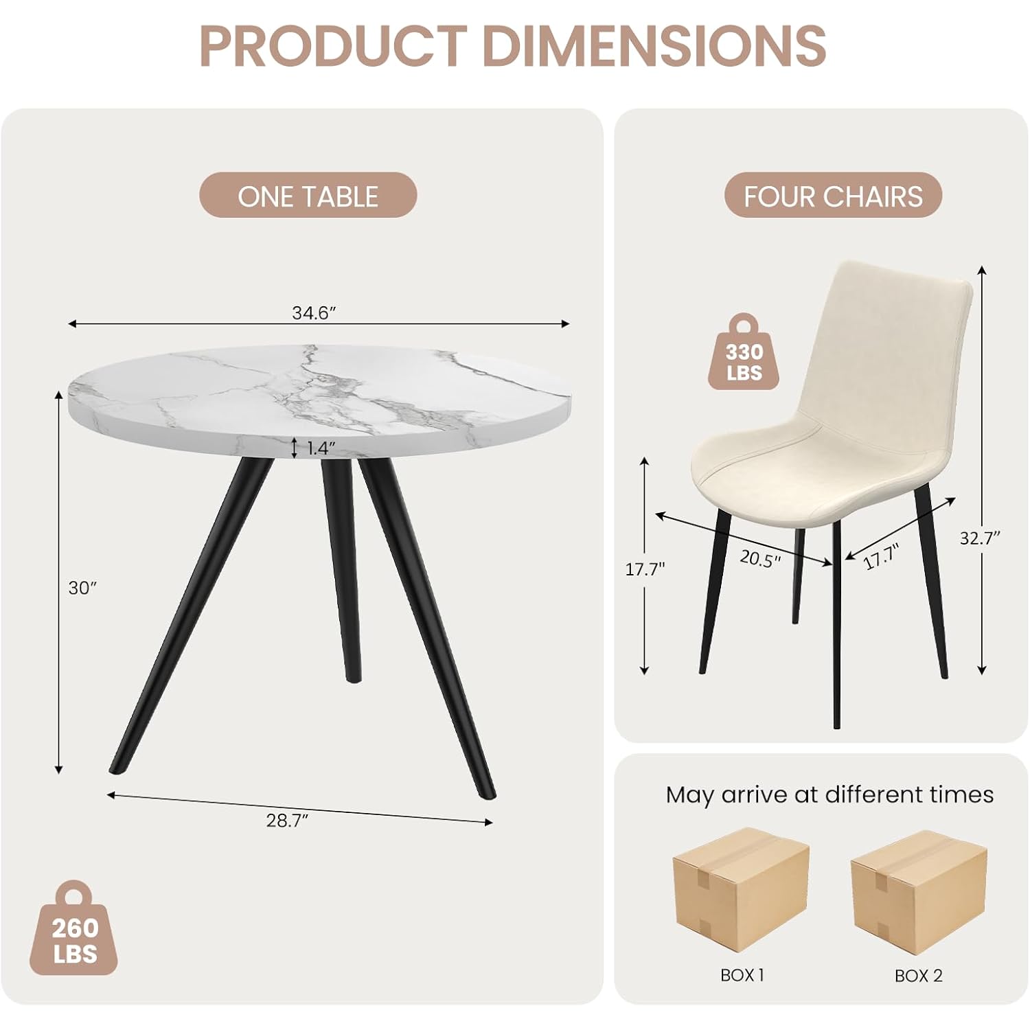 34.6" Round Dining Table Set For 4, Modern Kitchen Coffee Table Set With 4 Upholstered Leather Chairs, Mdf Small Space Saving Dining Room Table And Chairs Set (White Table+4 Beige Chairs)