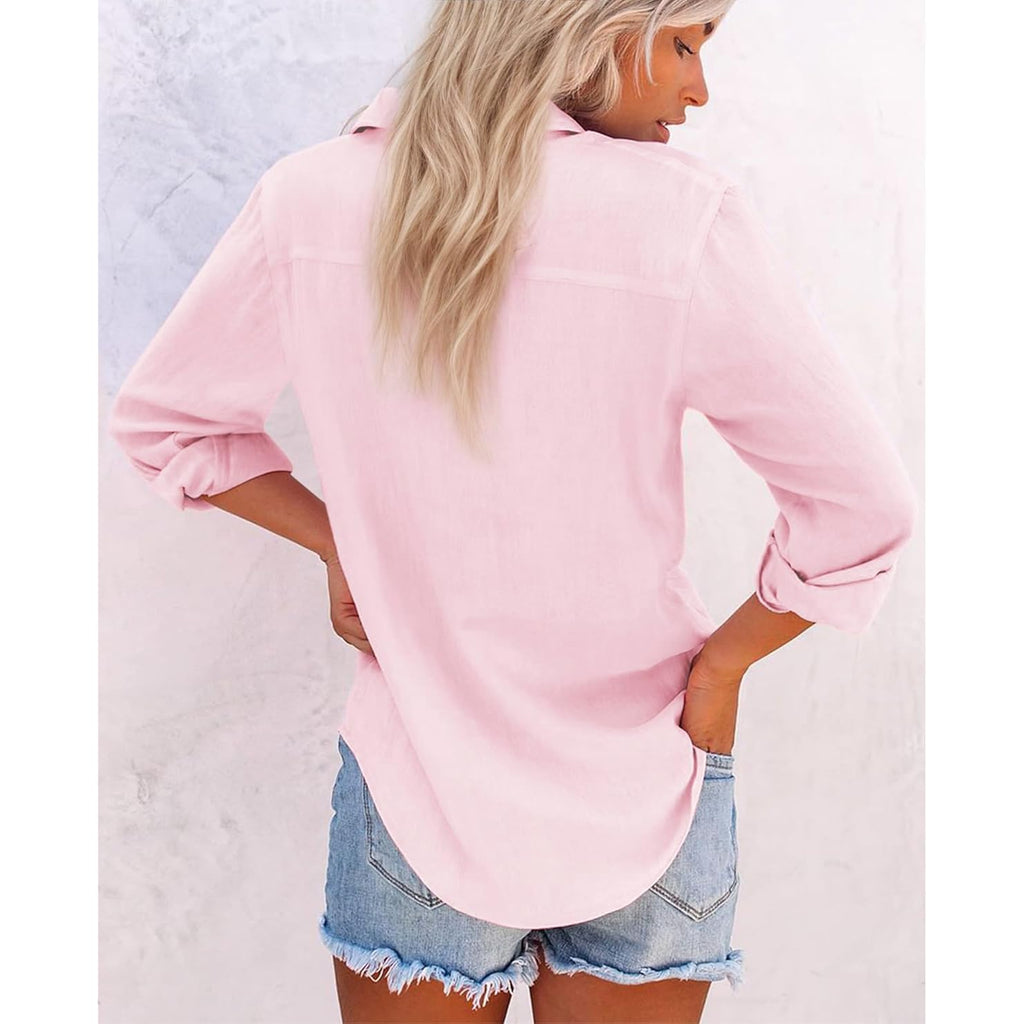 Womens Button Down Shirts Cotton Dress Shirts Oxford Shirts Long Sleeve Work Blouses Collared Tops Tunics with Pocket