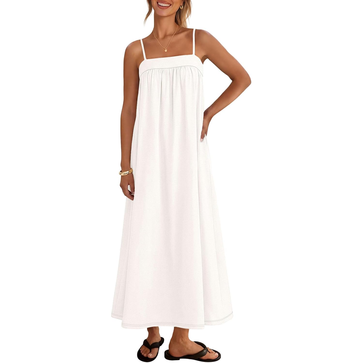 Merokeety Women'S Summer Linen Sundress Boho Maxi Dress | Adjustable Spaghetti Strap, Square Neck, Lightweight & Breathable, Sexy Vacation Beach Dress With Pockets