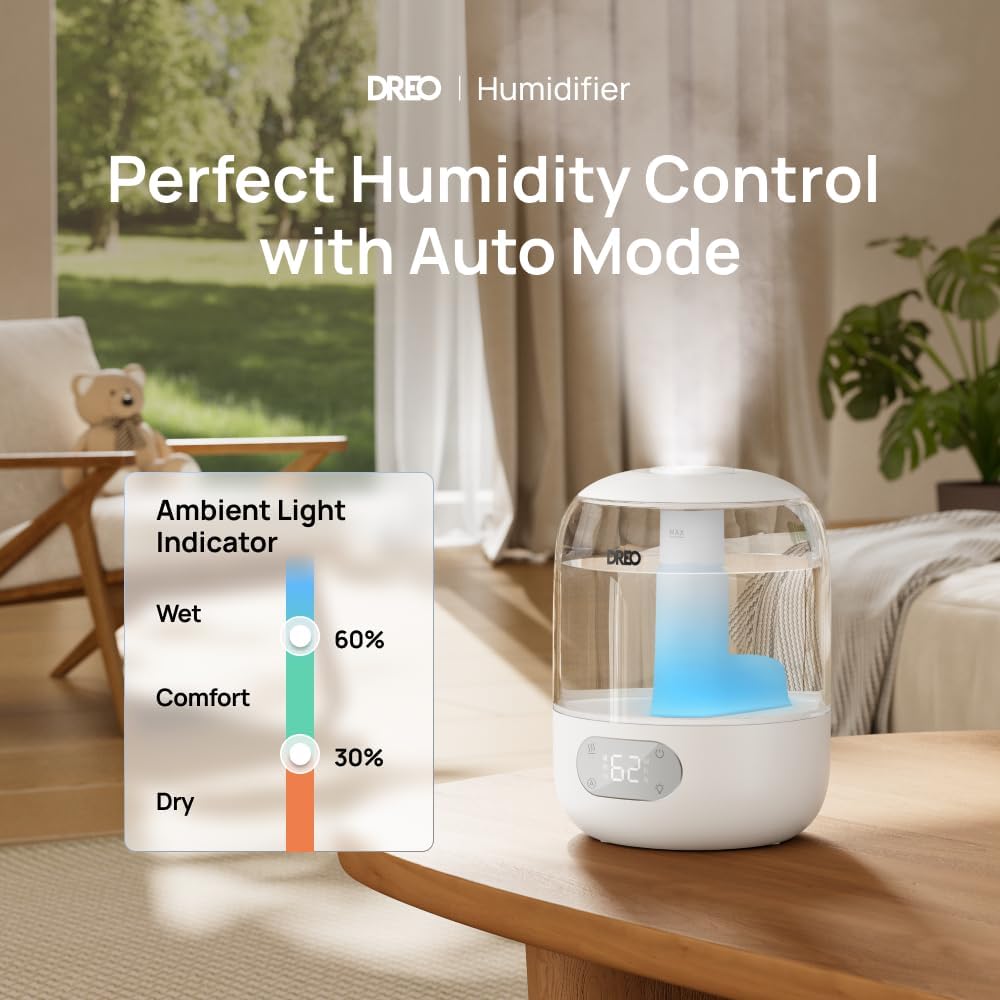 Dreo 3L Humidifiers For Bedroom, 30H Runtime, 26 Db Quiet, New Edition | Easy To Refill & Clean, Precise Humidity Control, Night Light, Cool Mist Air Humidifier For Large Room, Baby Nursery