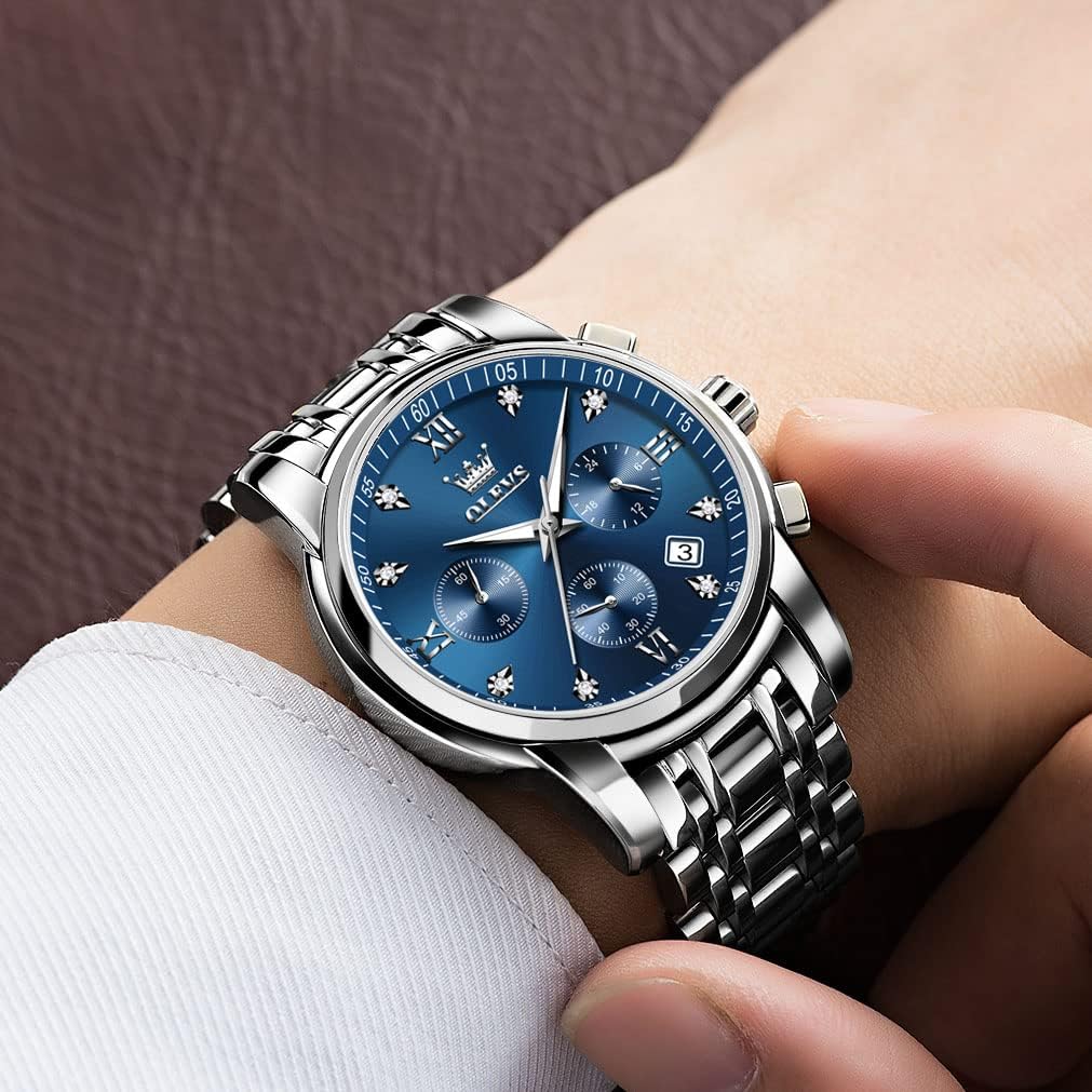 Olevs Men'S Stainless Steel Chronograph Watch, Big Face Gold Silver Black Tone Easy To Read Analog Quartz Watch, Luxury Waterproof Date Diamond Roman Arabic Numerals Dial Dress Watch For Men