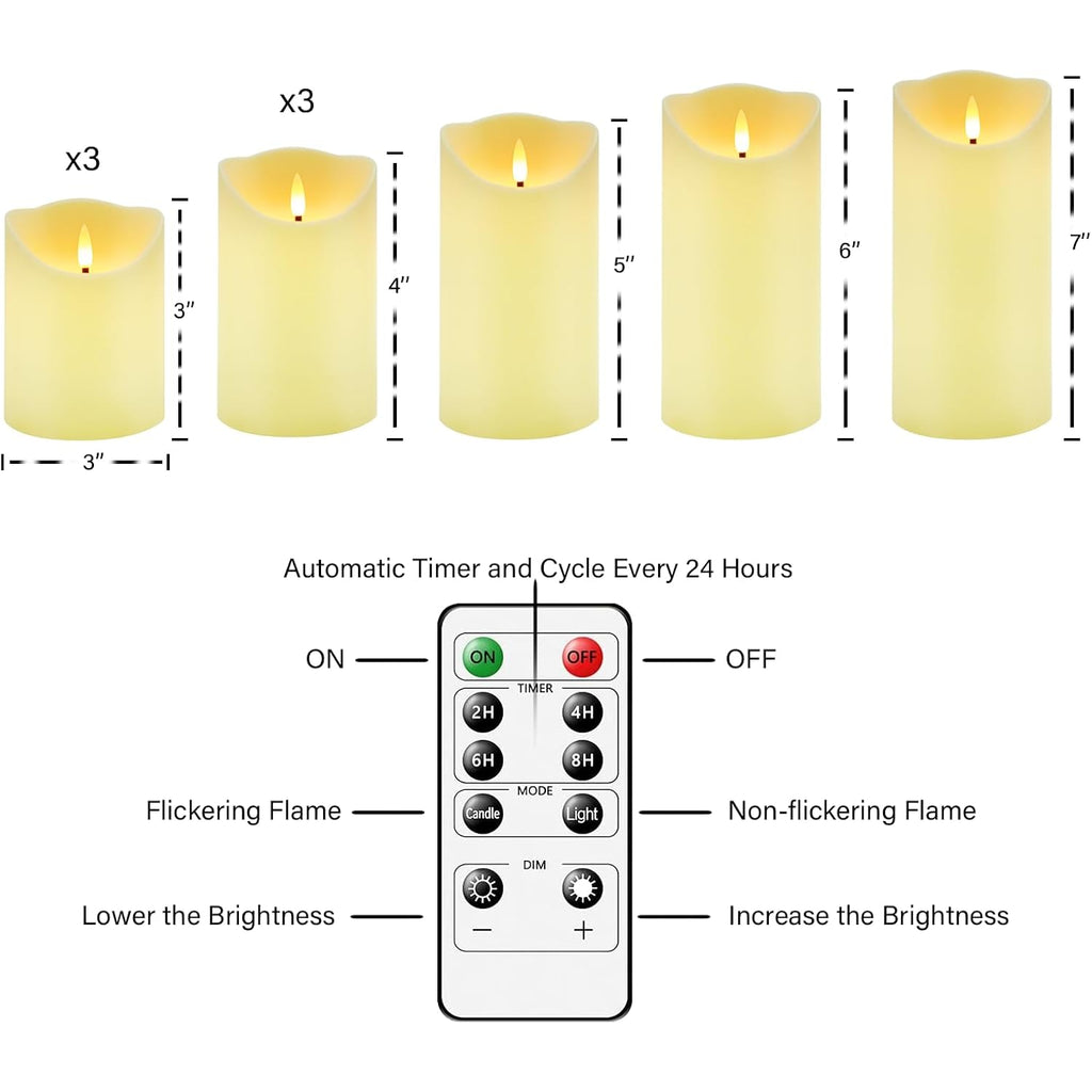 Flameless Candles With Remote, Battery Operated Flickering Flameless Candles, Led Candles With Timer 2/4/6/8H, With Realistic Led Candles Set Of 9 (D3 X H 3" 4" 5" 6" 7") (Ivory)