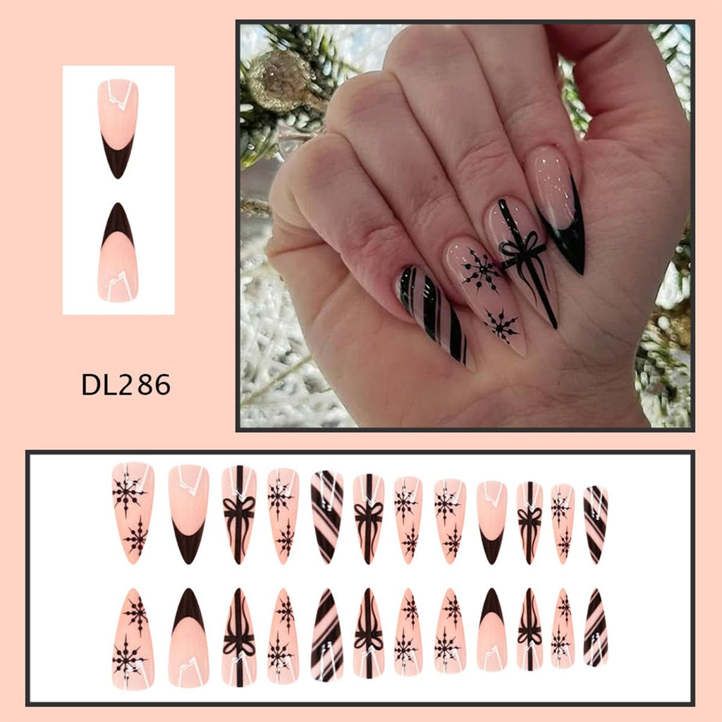 24Pcs Christmas Press on Nails Long Almond French Tip Fake Nails with Black Stripes Christmas Gifts Design Snowflake False Nails Winter Holiday Stick on Nails for Women DIy Acrylic Manicure Decoration