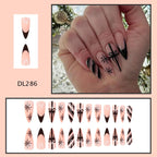 24Pcs Christmas Press on Nails Long Almond French Tip Fake Nails with Black Stripes Christmas Gifts Design Snowflake False Nails Winter Holiday Stick on Nails for Women DIy Acrylic Manicure Decoration