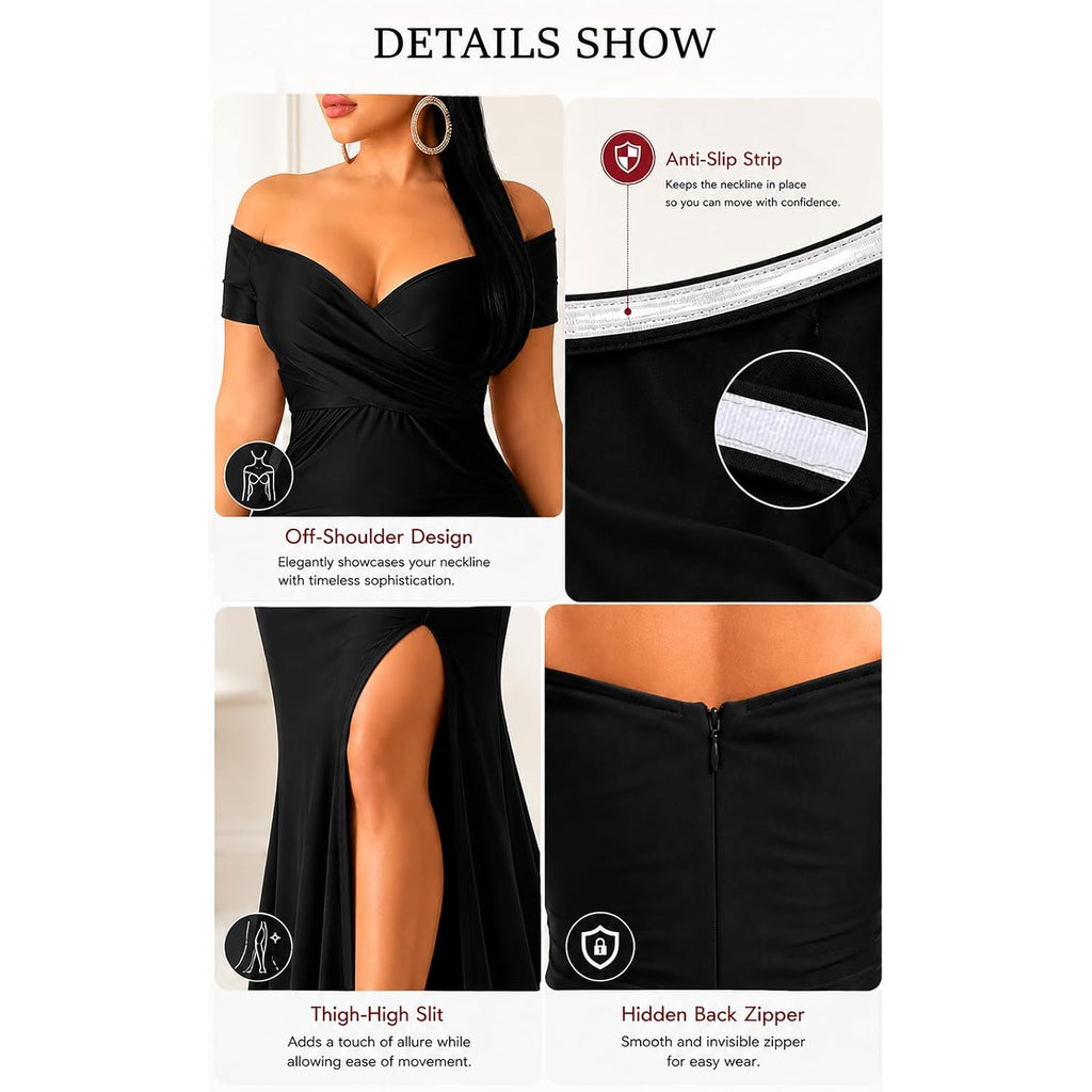 Women Sexy Off Shoulder Prom Evening Gowns Elegant V Neck Short Sleeve Wrap Formal High Split Wedding Guest Dress