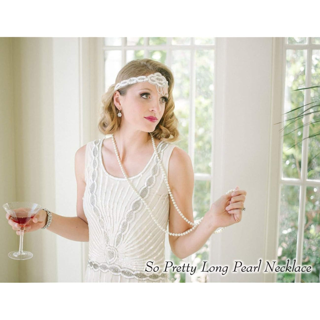 Long Pearl Necklaces for Women Cream White Faux Pearl Strand Layered Necklace Costume Jewelry